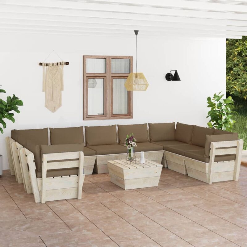

Muebles de jardín de palés 10 piezas y cojines madera de abeto