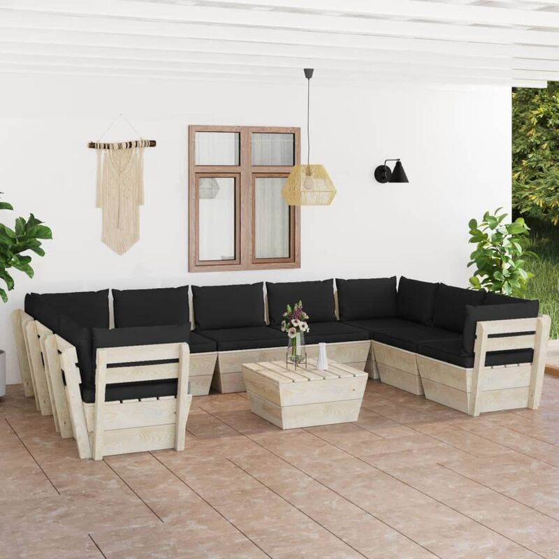 

Muebles de jardín de palés 10 piezas y cojines madera de abeto