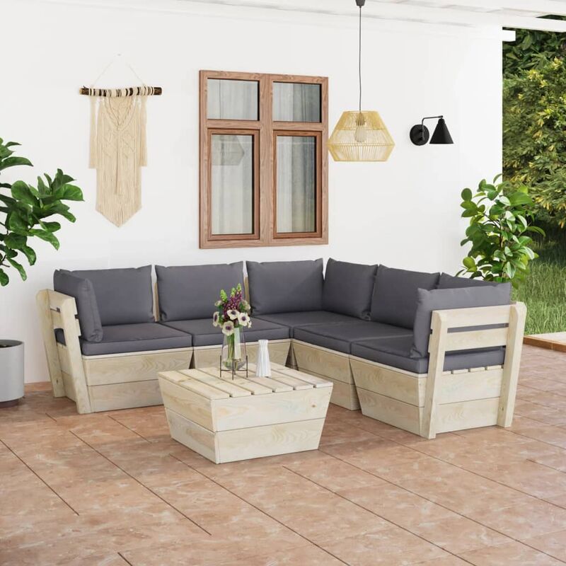 

Muebles de jardín de palés 6 piezas y cojines madera de abeto