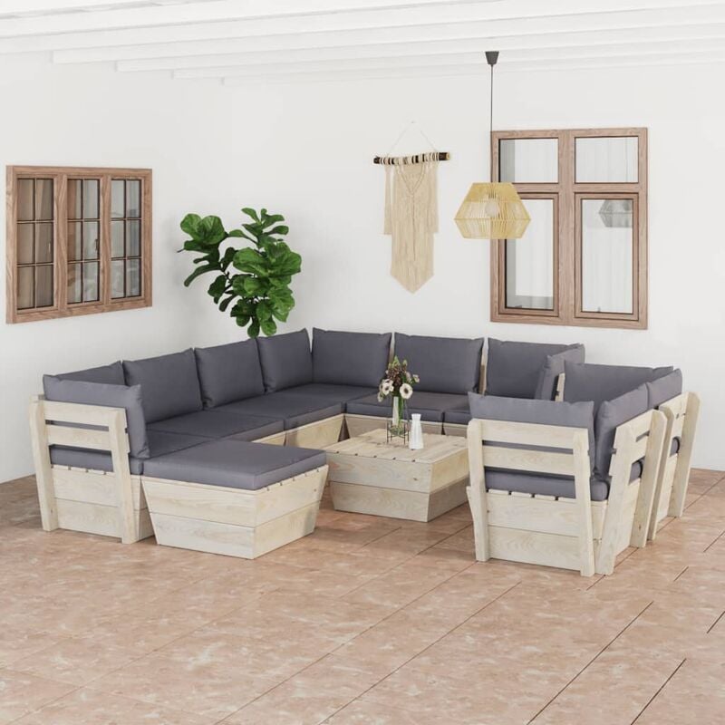 

Muebles de jardín de palets 10 pzas y cojines madera de abeto
