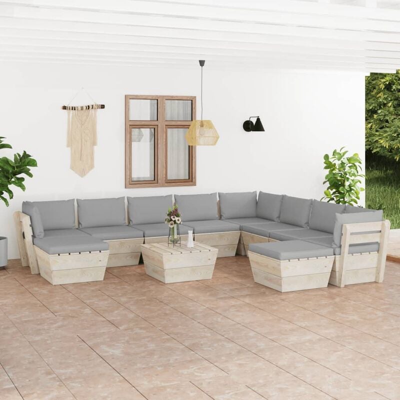 

Muebles de jardín de palets 11 pzas y cojines madera de abeto