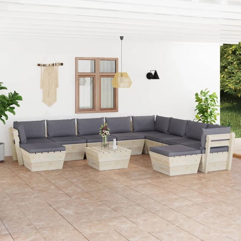 

Muebles de jardín de palets 11 pzas y cojines madera de abeto