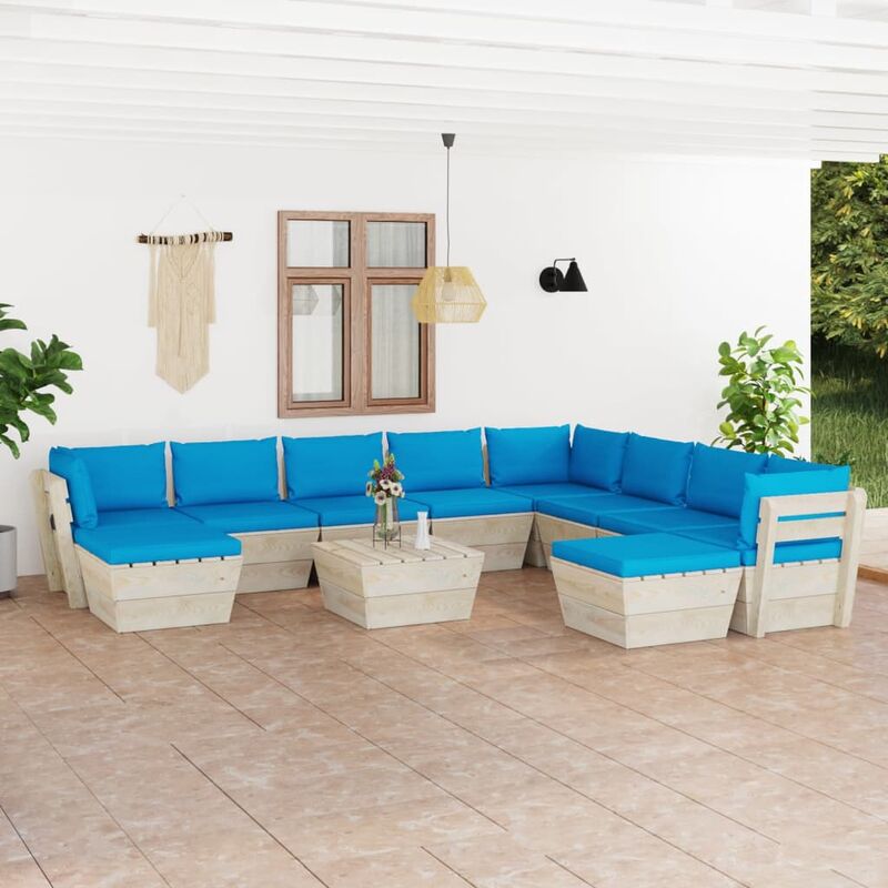 

Muebles de jardín de palets 11 pzas y cojines madera de abeto