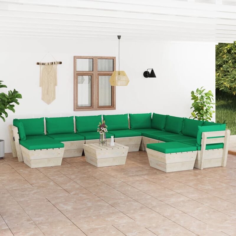 

Muebles de jardín de palets 11 pzas y cojines madera de abeto