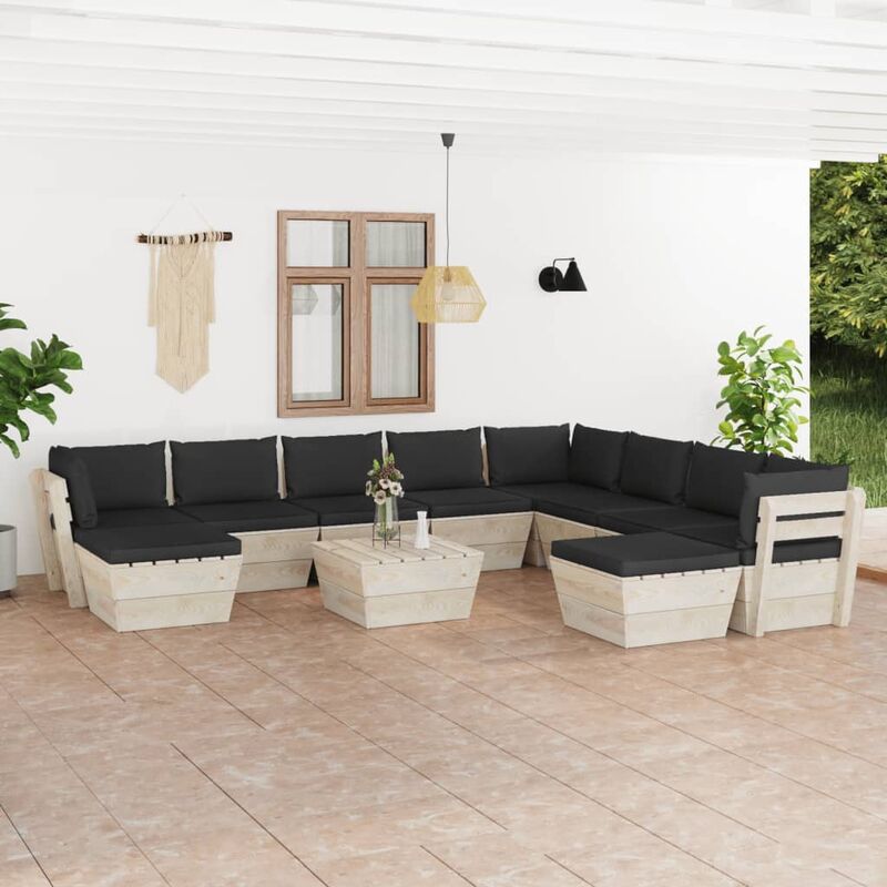 

Muebles de jardín de palets 11 pzas y cojines madera de abeto
