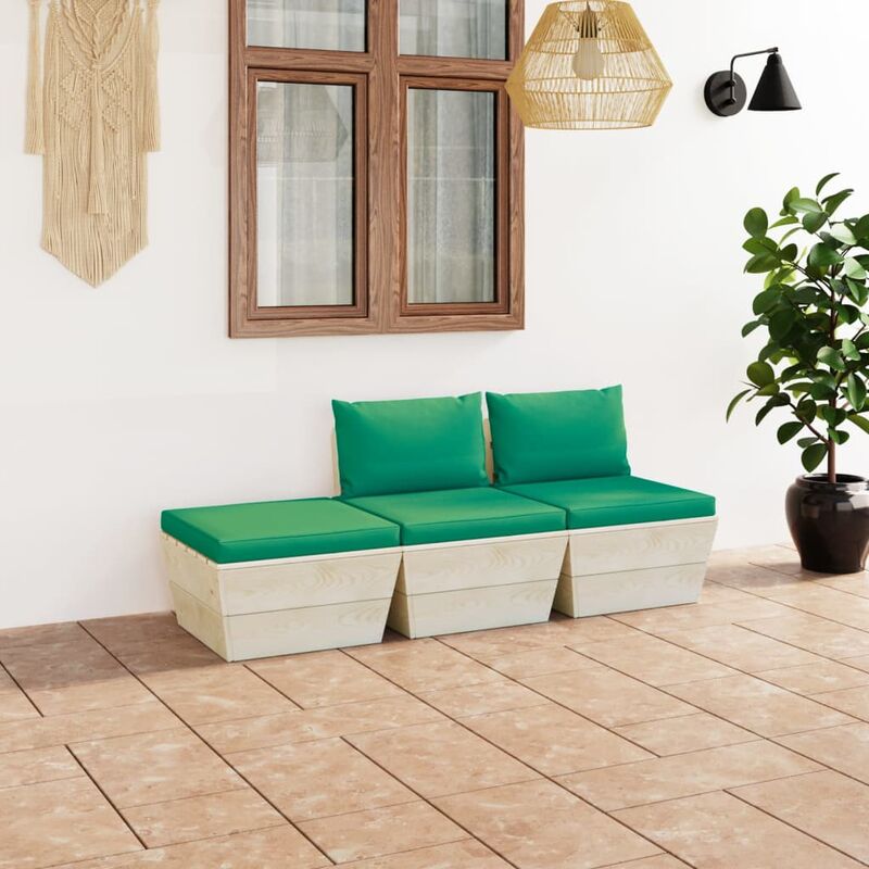 

Muebles de jardín de palets 3 pzas y cojines madera de abeto