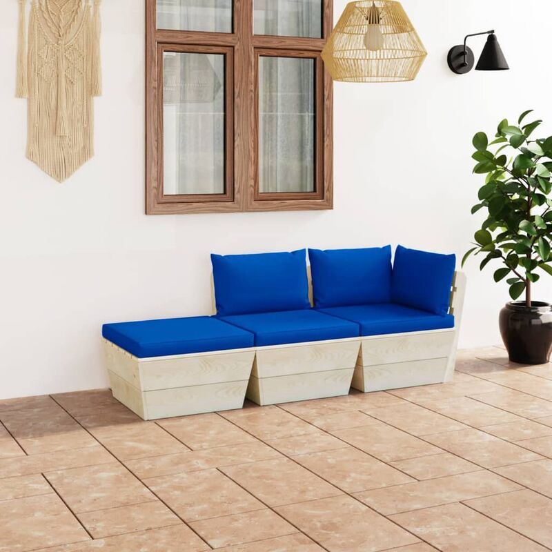 

Muebles de jardín de palets 3 pzas y cojines madera de abeto