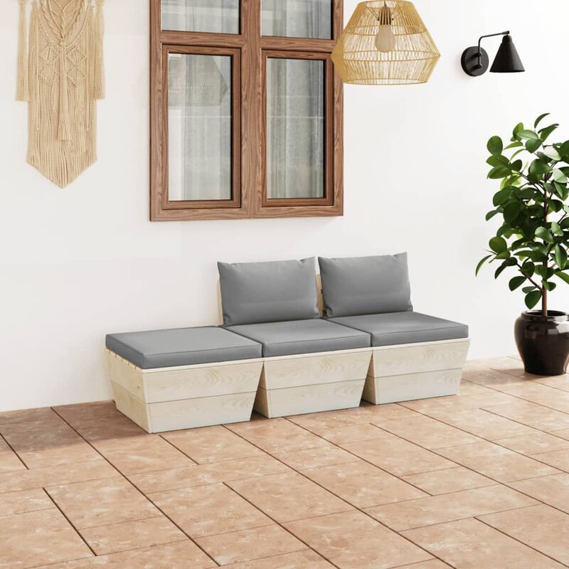 

Muebles de jardín de palets 3 pzas y cojines madera de abeto