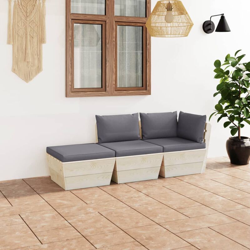 

Muebles de jardín de palets 3 pzas y cojines madera de abeto