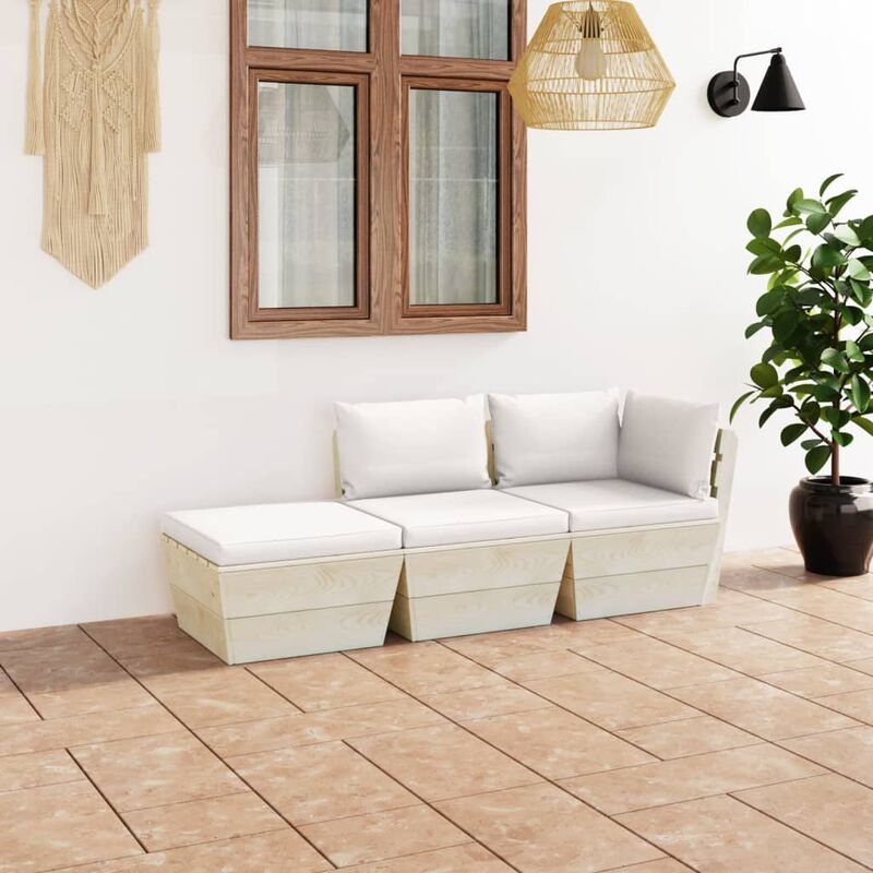 

Muebles de jardín de palets 3 pzas y cojines madera de abeto