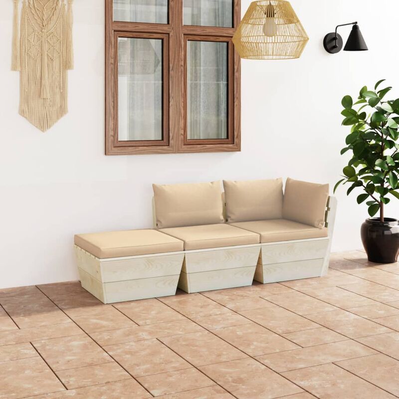 

Muebles de jardín de palets 3 pzas y cojines madera de abeto