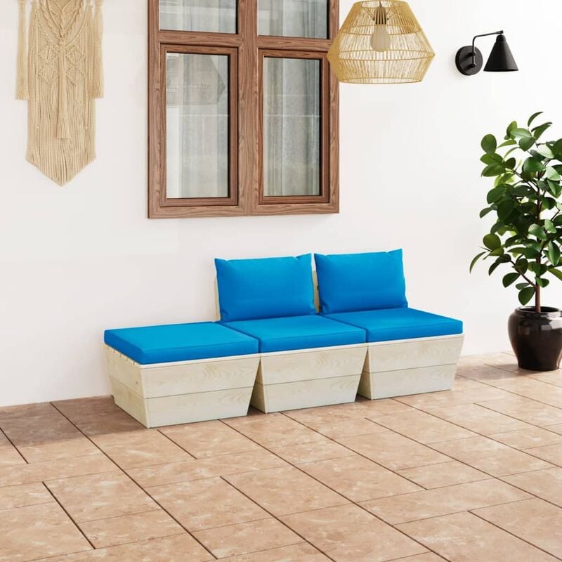 

Muebles de jardín de palets 3 pzas y cojines madera de abeto