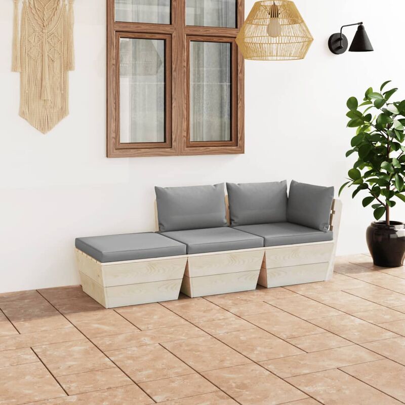 

Muebles de jardín de palets 3 pzas y cojines madera de abeto