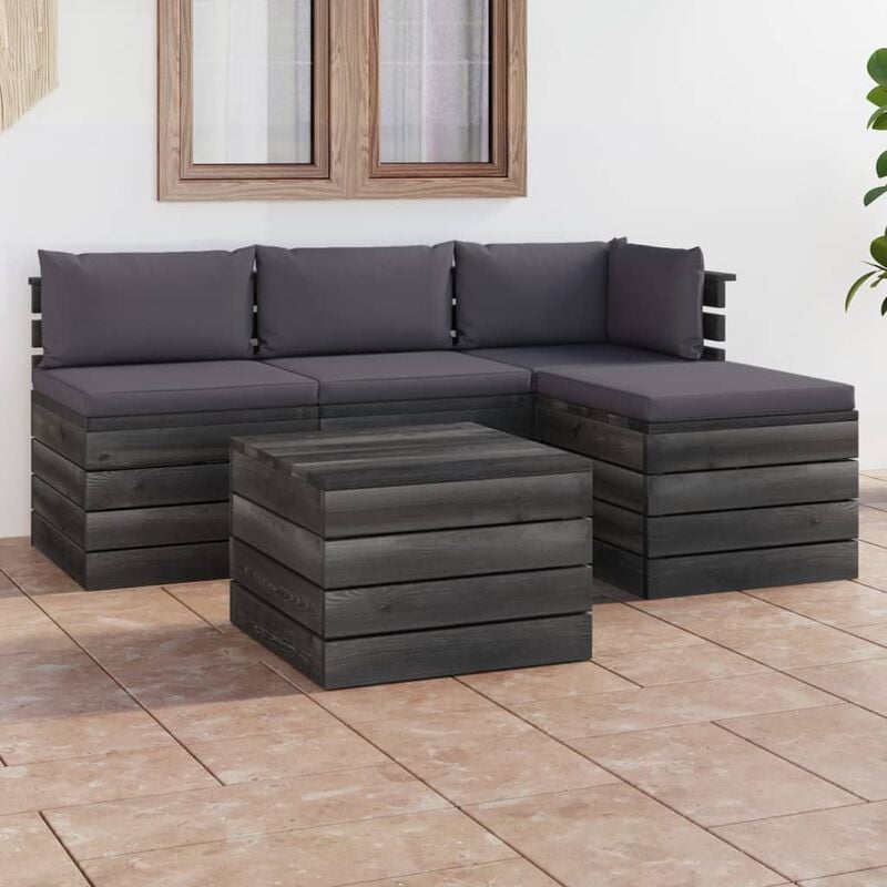 

Muebles de jardín de palets 5 piezas cojines madera maciza pino