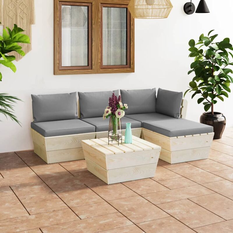 

Muebles de jardín de palets 5 piezas y cojines madera de abeto