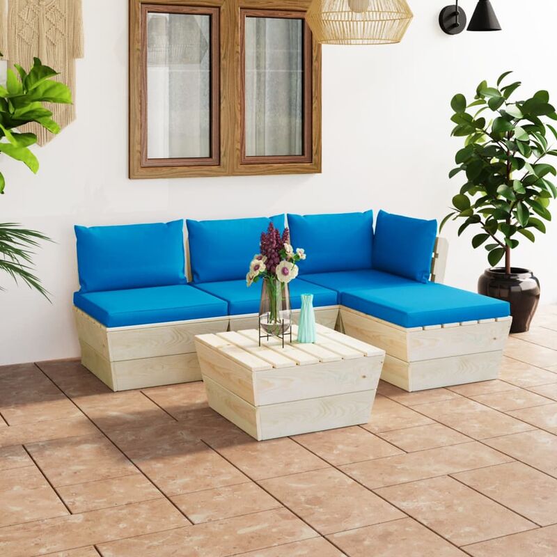 

Muebles de jardín de palets 5 piezas y cojines madera de abeto