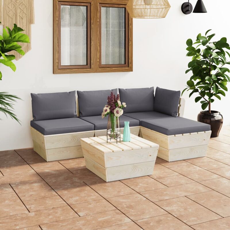

Muebles de jardín de palets 5 piezas y cojines madera de abeto