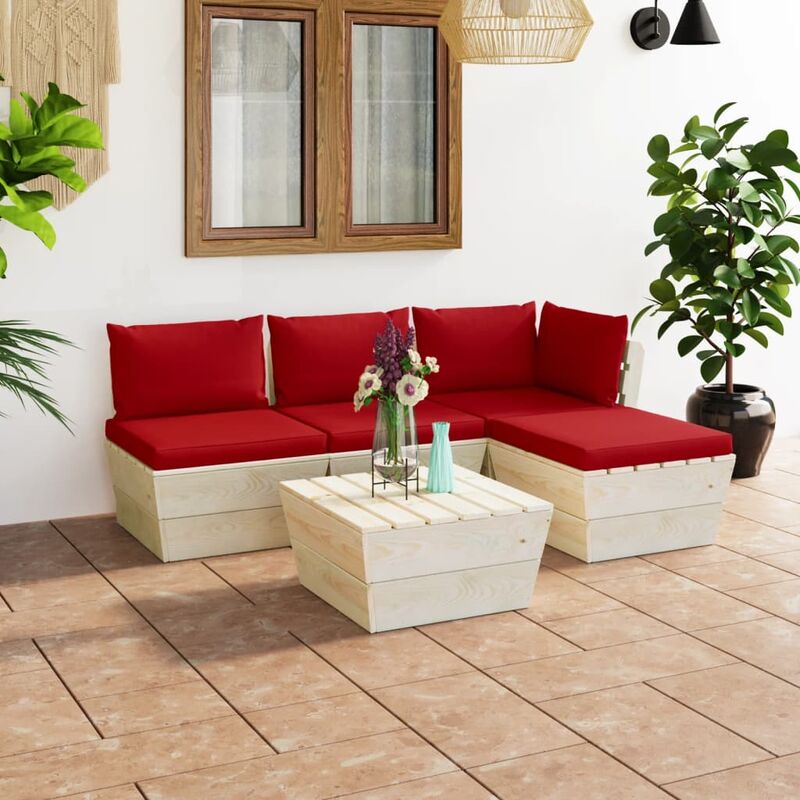 

Muebles de jardín de palets 5 piezas y cojines madera de abeto