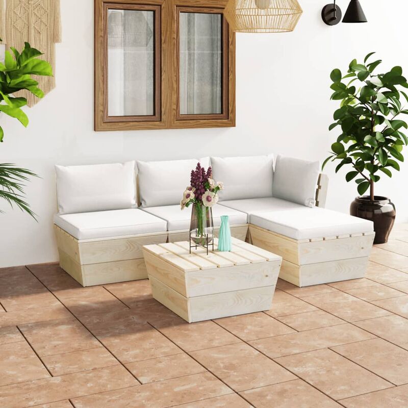 

Muebles de jardín de palets 5 piezas y cojines madera de abeto