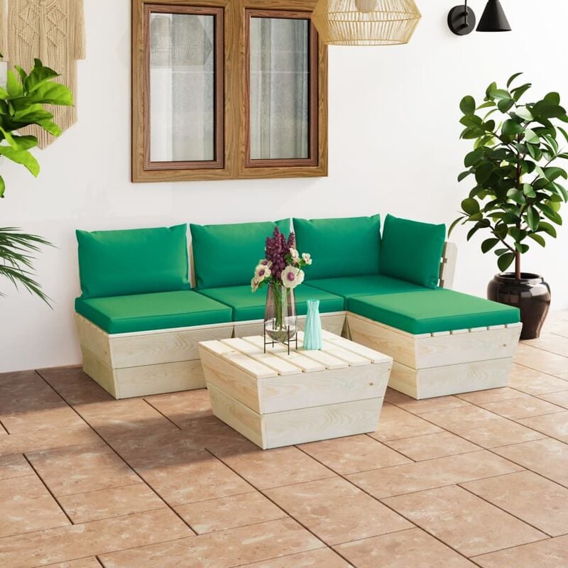 

Muebles de jardín de palets 5 piezas y cojines madera de abeto