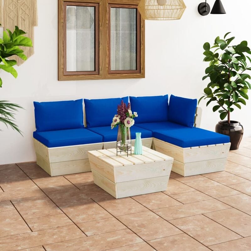 

Muebles de jardín de palets 5 piezas y cojines madera de abeto