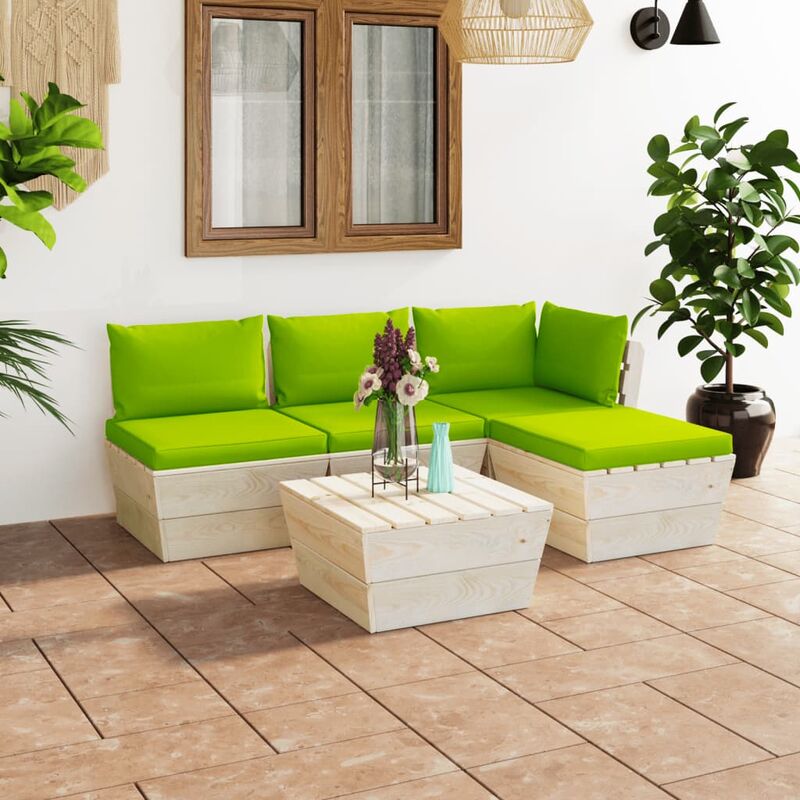 

Muebles de jardín de palets 5 piezas y cojines madera de abeto