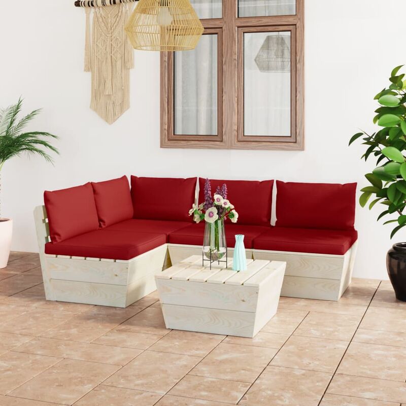 

Muebles de jardín de palets 5 piezas y cojines madera de abeto
