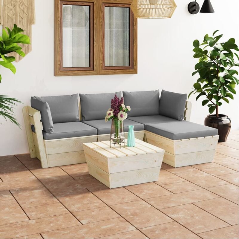

Muebles de jardín de palets 5 pzas y cojines madera de abeto