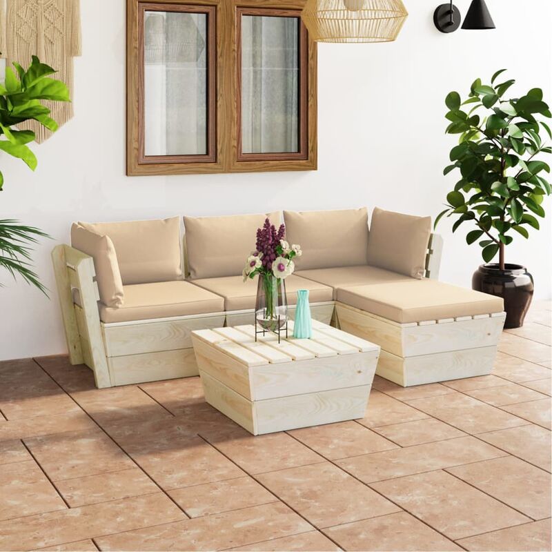 

Muebles de jardín de palets 5 pzas y cojines madera de abeto