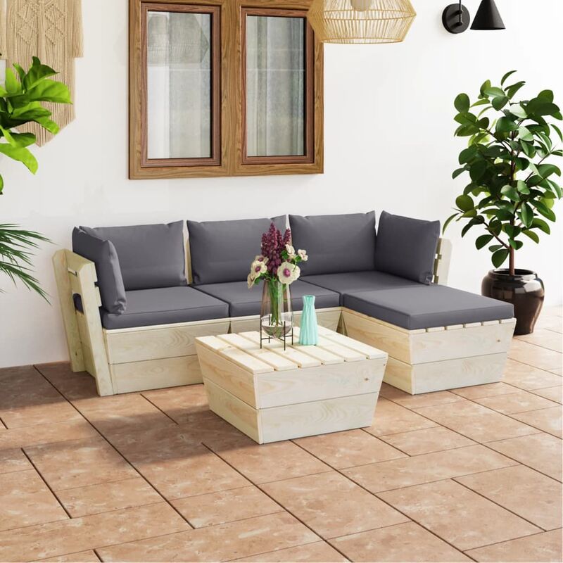 

Muebles de jardín de palets 5 pzas y cojines madera de abeto