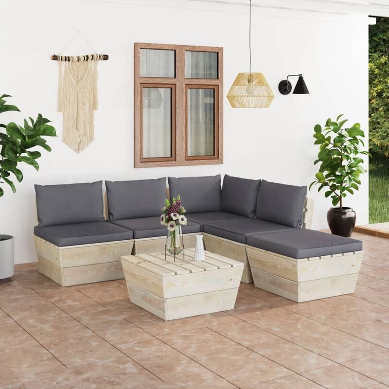 

Muebles de jardín de palets 6 piezas y cojines madera de abeto