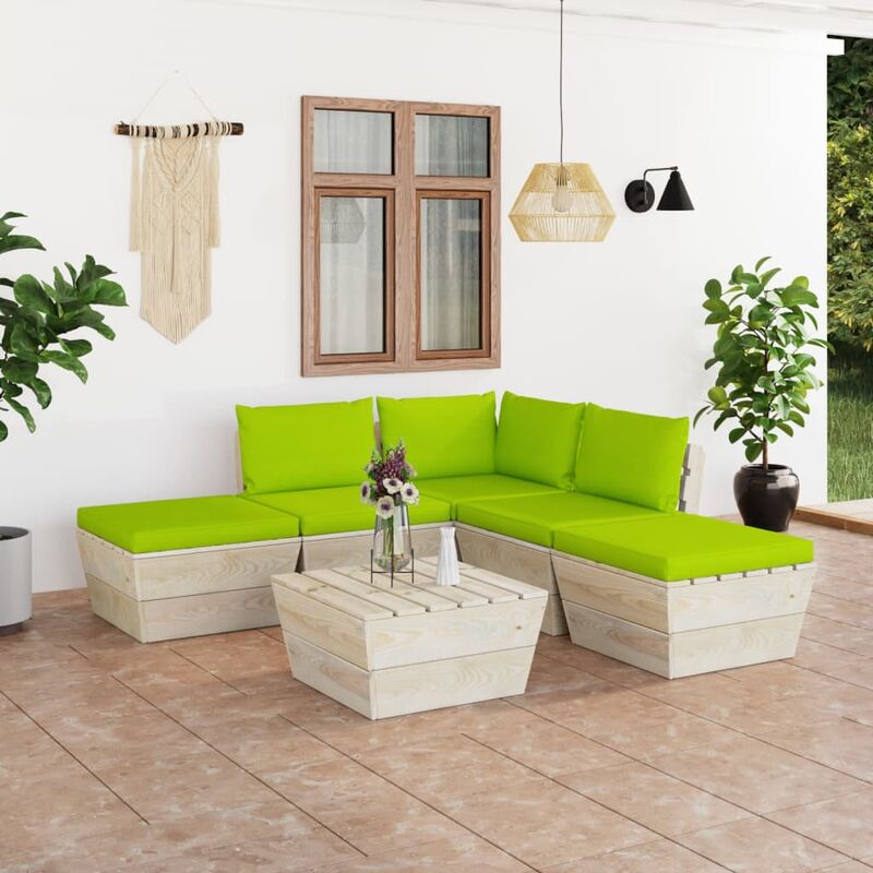 

Muebles de jardín de palets 6 piezas y cojines madera de abeto