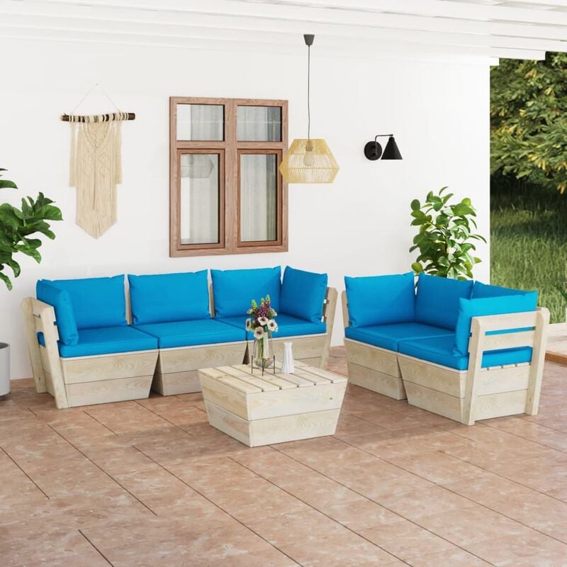

Muebles de jardín de palets 6 piezas y cojines madera de abeto