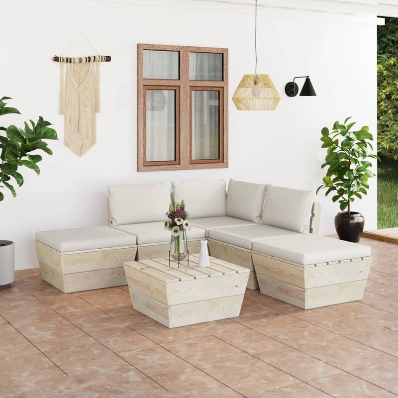 

Muebles de jardín de palets 6 piezas y cojines madera de abeto