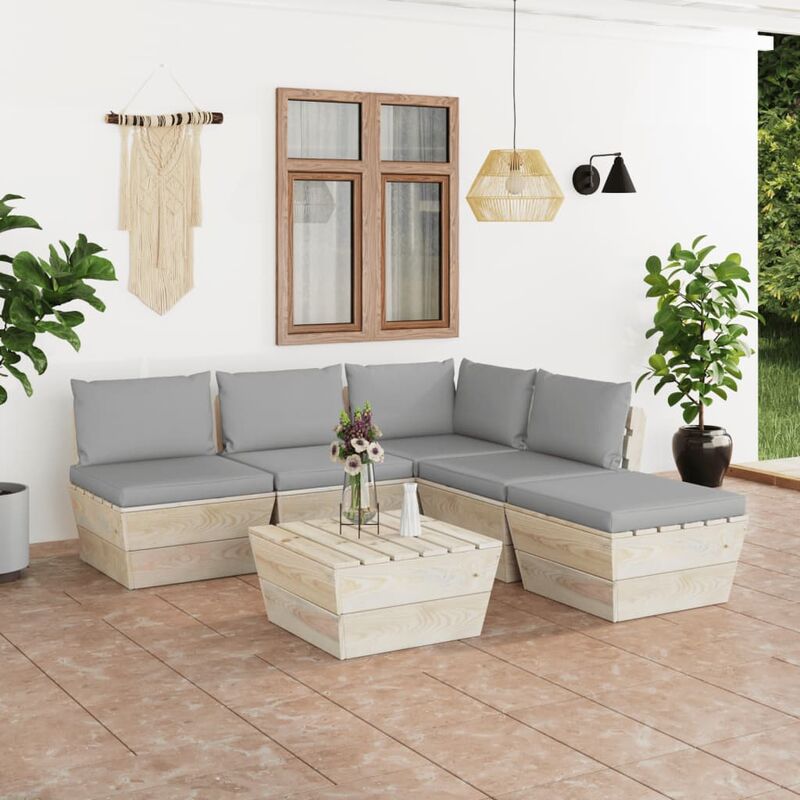 

Muebles de jardín de palets 6 piezas y cojines madera de abeto