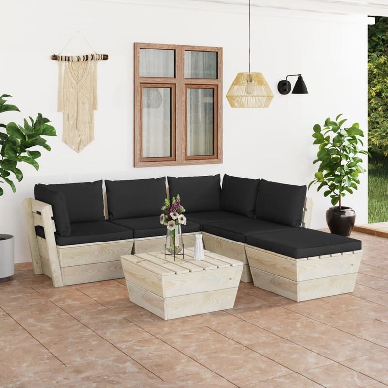 

Muebles de jardín de palets 6 piezas y cojines madera de abeto
