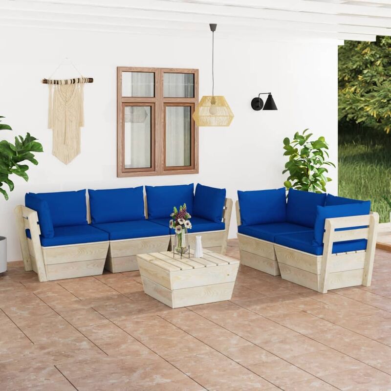 

Muebles de jardín de palets 6 piezas y cojines madera de abeto