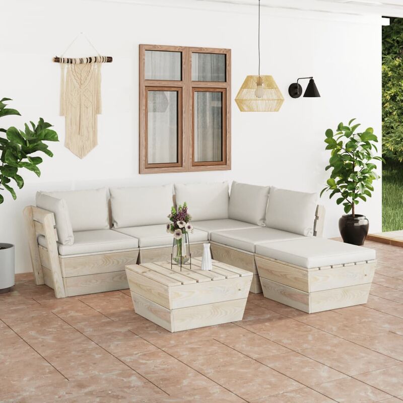 

Muebles de jardín de palets 6 piezas y cojines madera de abeto