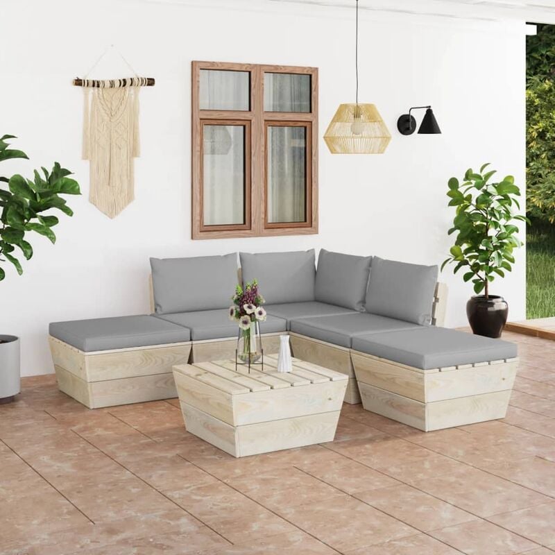 

Muebles de jardín de palets 6 piezas y cojines madera de abeto