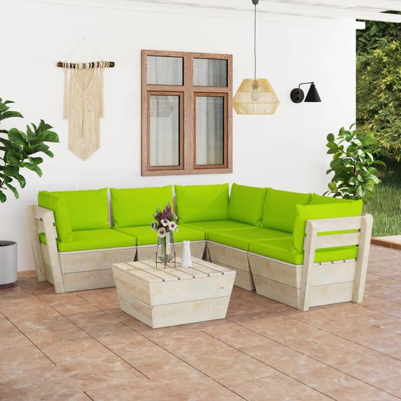 

Muebles de jardín de palets 6 piezas y cojines madera de abeto