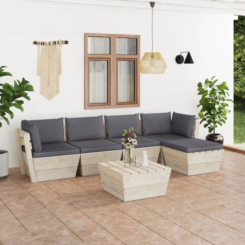 

Muebles de jardín de palets 6 piezas y cojines madera de abeto