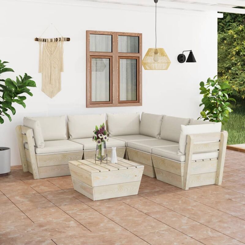 

Muebles de jardín de palets 6 piezas y cojines madera de abeto
