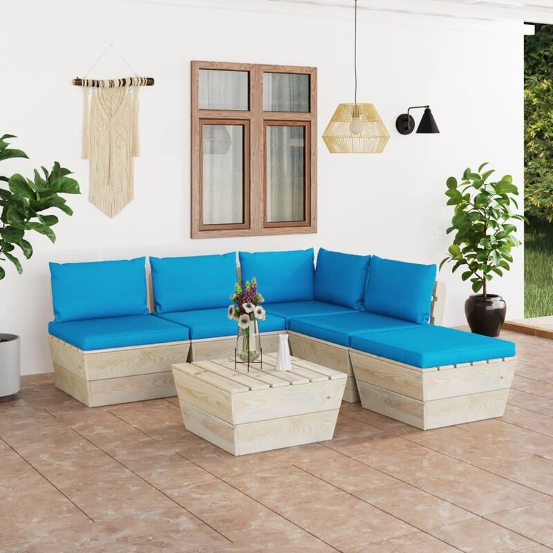 

Muebles de jardín de palets 6 piezas y cojines madera de abeto