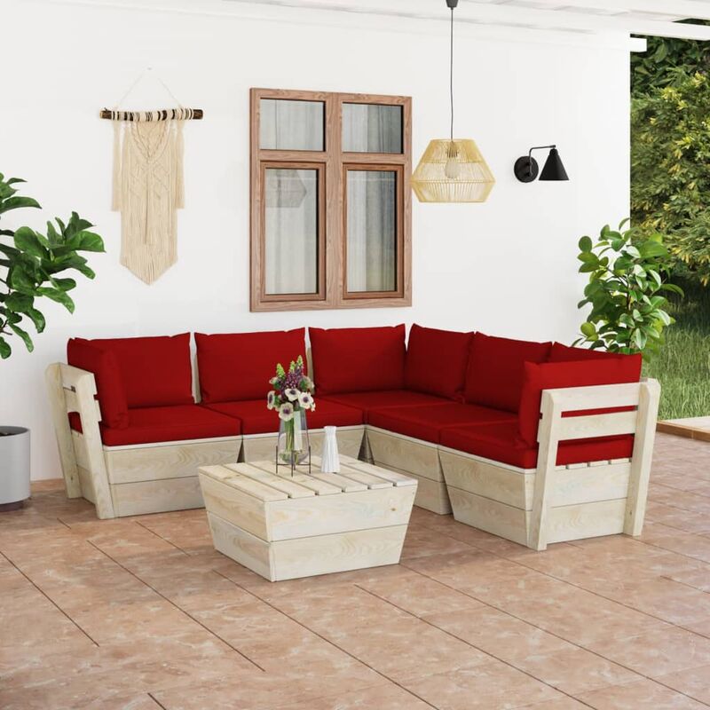 

Muebles de jardín de palets 6 piezas y cojines madera de abeto