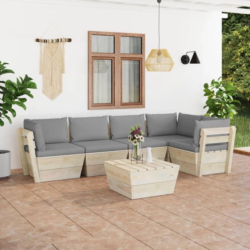 

Muebles de jardín de palets 6 piezas y cojines madera de abeto