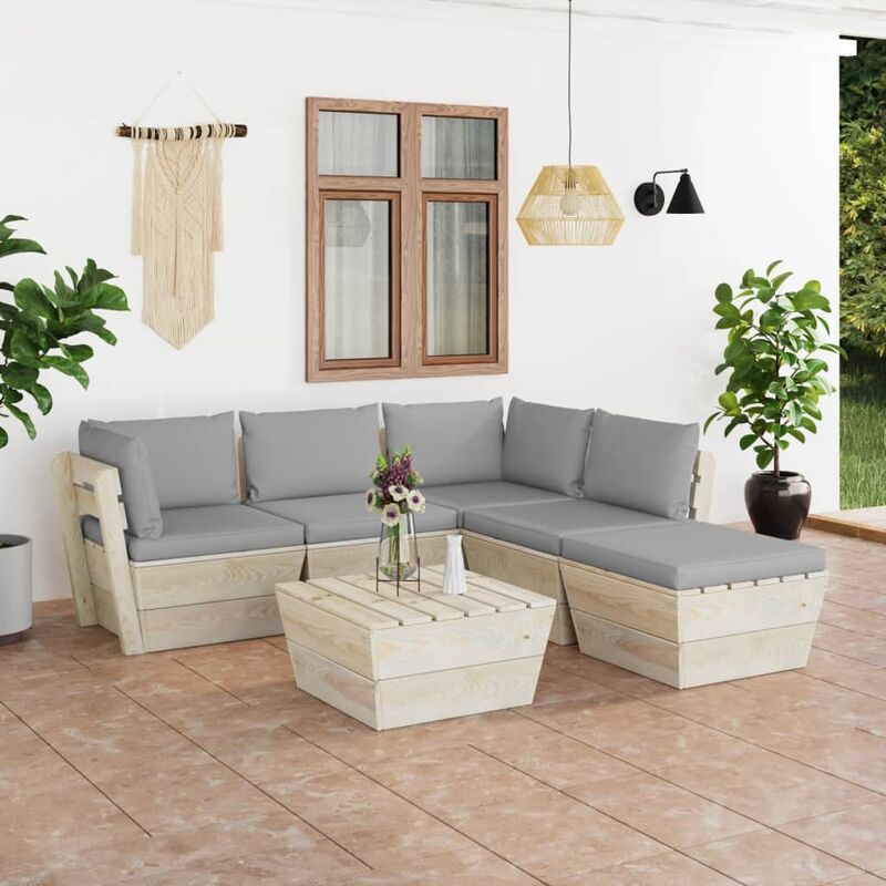 

Muebles de jardín de palets 6 piezas y cojines madera de abeto