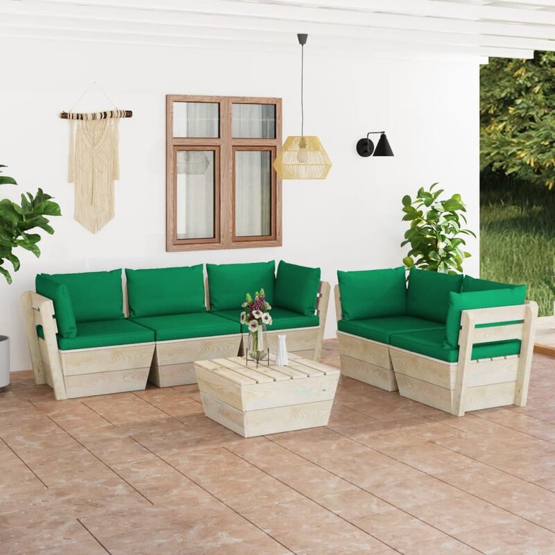

Muebles de jardín de palets 6 piezas y cojines madera de abeto