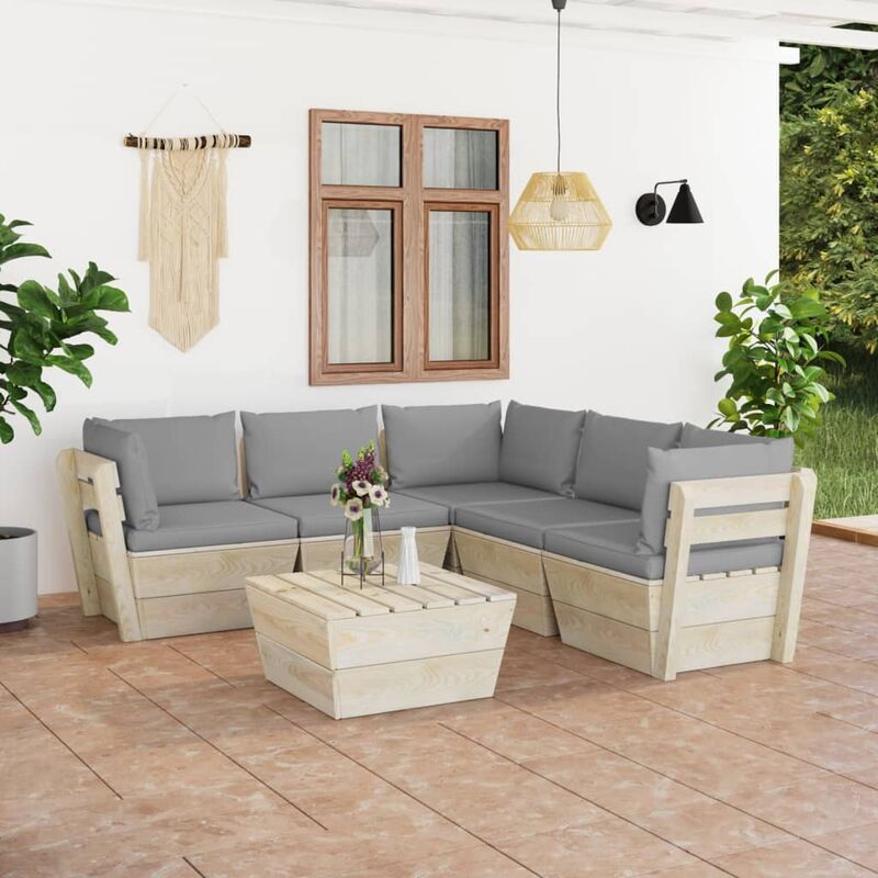 

Muebles de jardín de palets 6 piezas y cojines madera de abeto