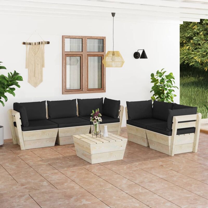 

Muebles de jardín de palets 6 piezas y cojines madera de abeto