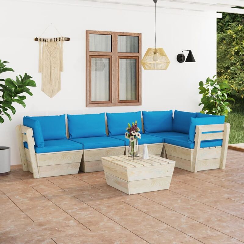 

Muebles de jardín de palets 6 piezas y cojines madera de abeto
